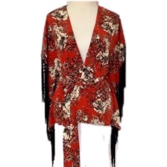 C.Luce Boho Fringe Sleeve Orange Floral Print Robe Top Size Small - Picture 2 of 6